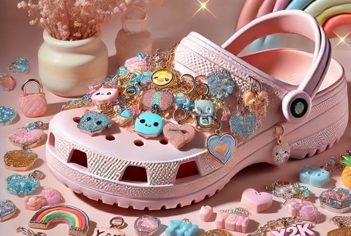 hottest-croc-charms-trends-you-need-to-know-1: Pastel pink Crocs decorated with trendy 2025 charms, including kawaii designs, Y2K aesthetics, glittery hearts, and custom name charms. Surrounded by colorful charms in a stylish, modern setup with a soft, dreamy background