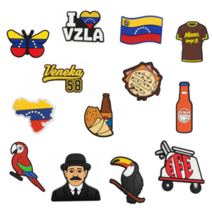 Venezuelan shoe charms, including a flag, arepa, toucan, butterfly, and other national symbols.