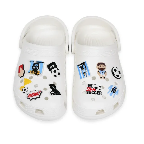 White Shoes, Messi Argentina Legends Soccer Shoe Charms, featuring Messi, Maradona, soccer balls, trophies, and Argentina’s number 10 jerseys.