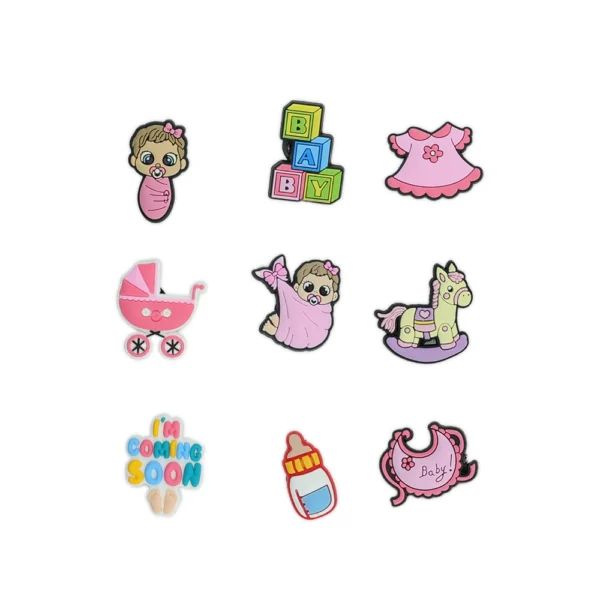 Baby girl shoe charms, including a baby in a blanket, bottle, pacifier, pink dress, stroller, building blocks, and "I'm Coming Soon" charm