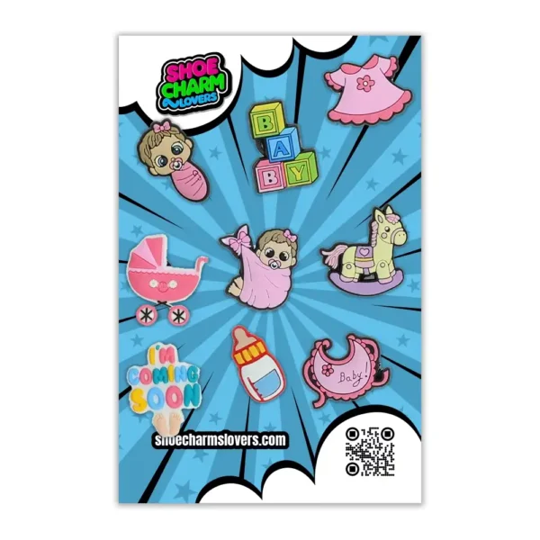 Baby girl shoe charms blister, including a baby in a blanket, bottle, pacifier, pink dress, stroller, building blocks, and "I'm Coming Soon" charm