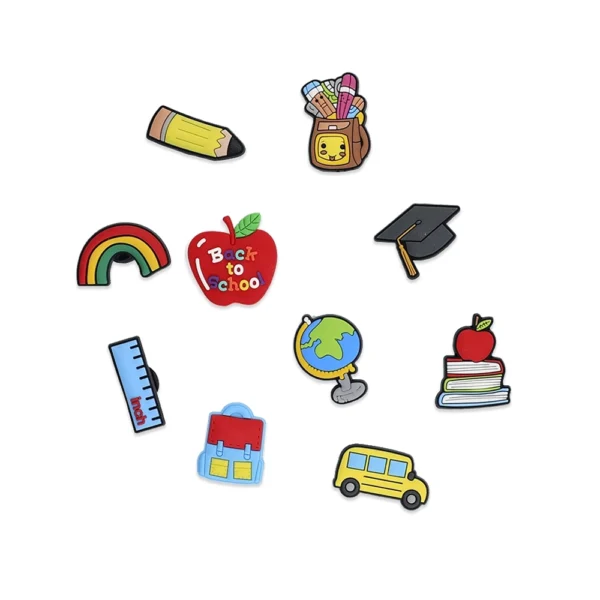 Back to School shoe charms, including an apple, books, school bus, pencil, ruler, graduation cap, and educational-themed designs.