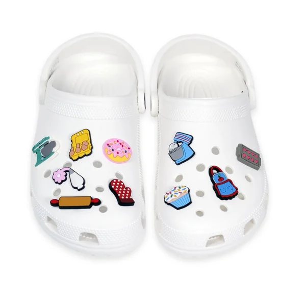 Colorful aking & Pastry Shoe Charms, including cupcakes, rolling pin, oven mitt, and mixer.