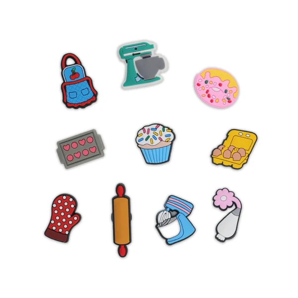 Colorful aking & Pastry Shoe Charms, including cupcakes, rolling pin, oven mitt, and mixer.