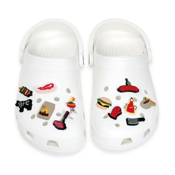 BBQ & Grilling Shoe Charms, including steak, grill, BBQ sauce, skewers, and fire pit icons.