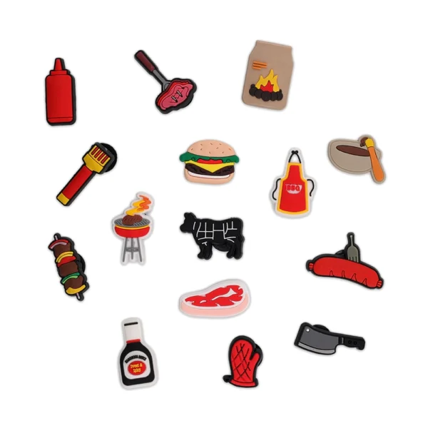 BBQ & Grilling Shoe Charms, including steak, grill, BBQ sauce, skewers, and fire pit icons.