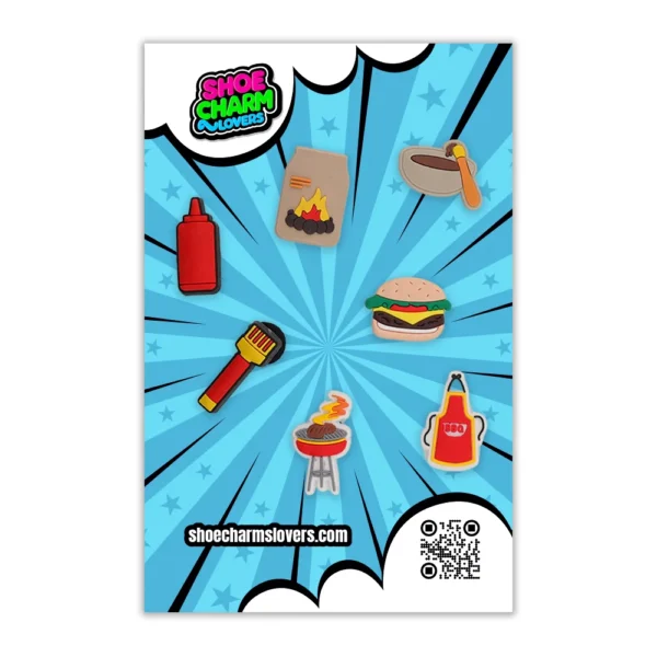 BBQ & Grilling Shoe Charms Blister, including steak, grill, BBQ sauce, skewers, and fire pit icons.