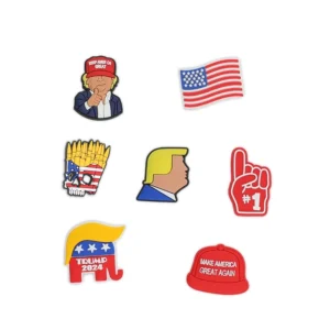 Donald Trump Charm Bundle – Patriotic Shoe Charms for Crocs, featuring a MAGA hat, Trump silhouette, Republican elephant, American flag, and #1 foam finger.