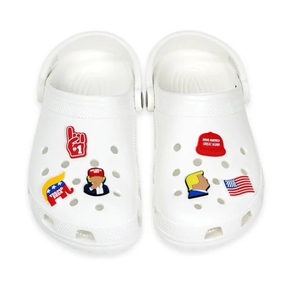 Donald Trump Charm Bundle – White Crocs decorated with Donald Trump Charm Bundle, featuring a MAGA hat, Trump silhouette, Republican elephant, American flag, and #1 foam finger.