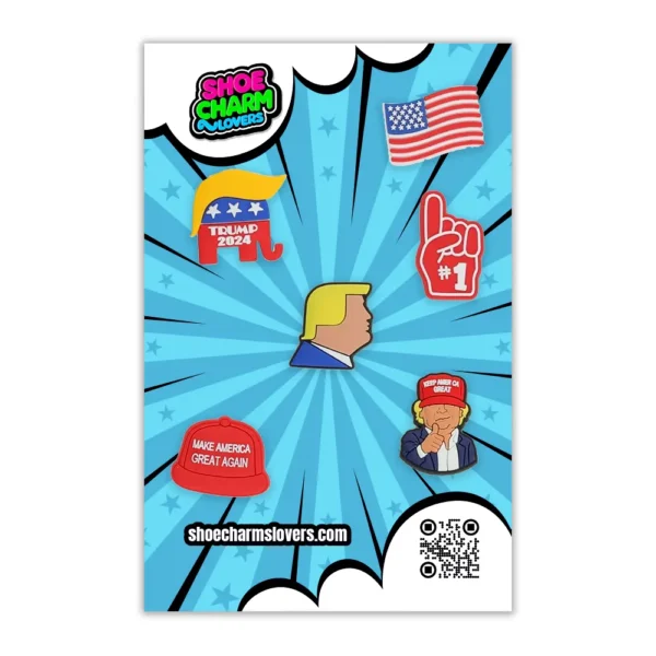 Donald Trump Charm Bundle Blister – Patriotic Shoe Charms for Crocs, featuring a MAGA hat, Trump silhouette, Republican elephant, American flag, and #1 foam finger.