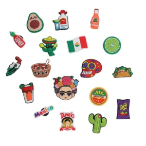 White footwear decorated with colorful Mexican culture charms, featuring Frida Kahlo, tacos, salsa, sugar skulls, and iconic fiesta symbols