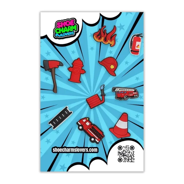 Firefighter Shoe Charms blister, including a fire truck, fire hydrant, fire helmet, axe, flames, and ladder