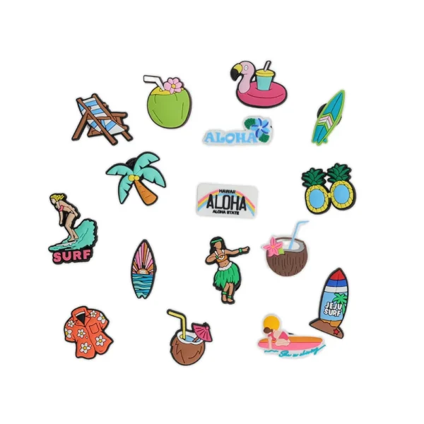 White Crocs decorated with Hawaiian-themed shoe charms, including hula dancers, pineapples, surfboards, and tropical designs.