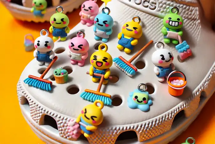 How to Clean and Maintain Your Croc Charms – Cute and colorful shoe charms cleaning a pair of Crocs with tiny mops, brushes, and sponges, surrounded by soap bubbles.