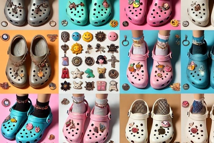 how-to-style-your-crocs-with-charms-a-guide-for-every-look: A collage showcasing different ways to style Crocs with charms, featuring various aesthetics including minimalist, bold and colorful, kawaii pastel, streetwear, and vintage-inspired designs. Each pair of Crocs is decorated with unique charms that reflect different fashion trends