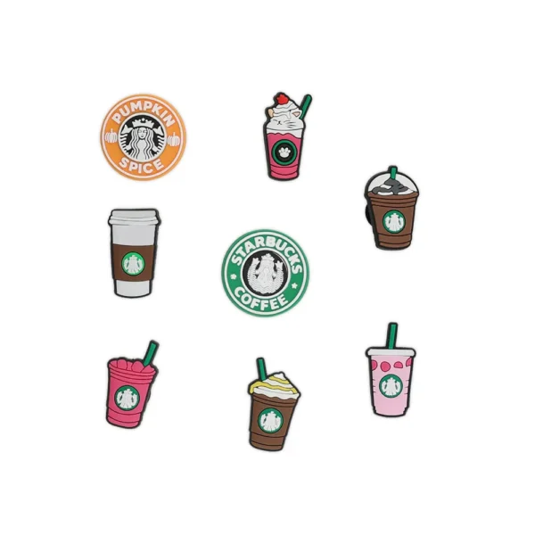 White footwear decorated with Starbucks Coffee Shoe Charm, including iced coffee, frappuccino, and latte-inspired designs.