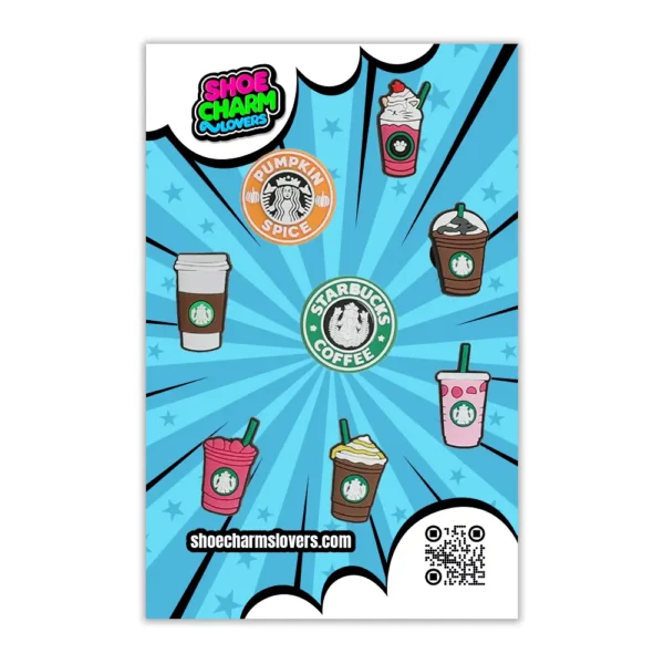 White footwear decorated with Starbucks Coffee Shoe Charm, Blister including iced coffee, frappuccino, and latte-inspired designs.