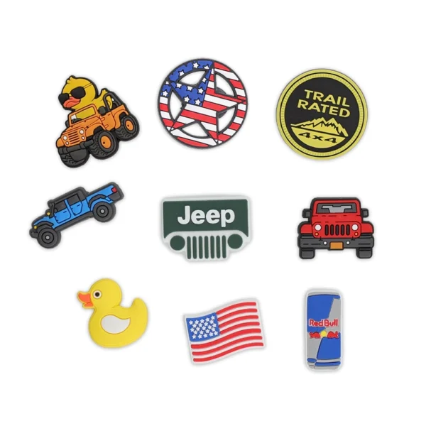Jeep-themed shoe charms, including a Jeep grille, trail-rated badge, red and blue Jeep icons, an American flag, a rubber duck, and a Red Bull can.
