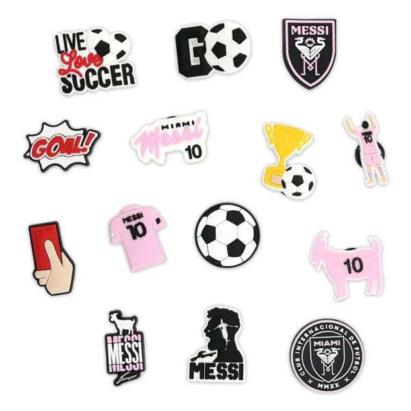 shoe charm Messi-themed pink charms, featuring Inter Miami FC logos, soccer balls, number 10 jerseys, and GOAT references