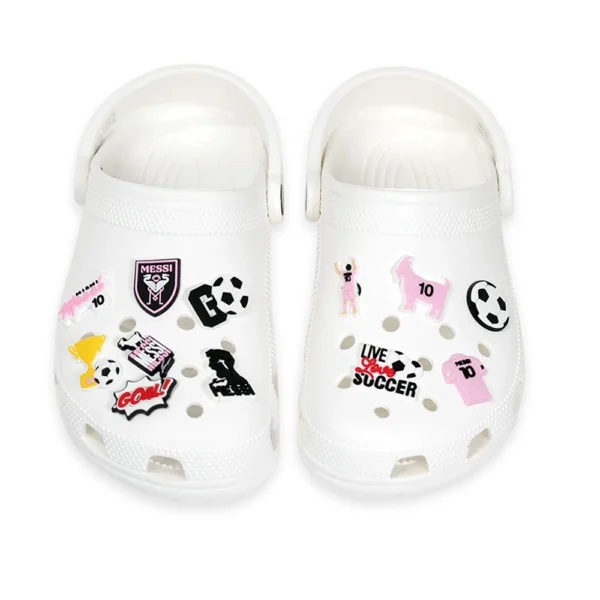 shoe charm Messi-themed pink charms, featuring Inter Miami FC logos, soccer balls, number 10 jerseys, and GOAT references