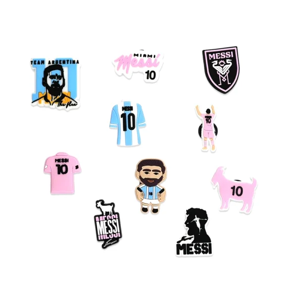 White footwear decorated with Messi-themed charms, featuring Argentina jerseys, Inter Miami FC logos, soccer elements, and the number 10
