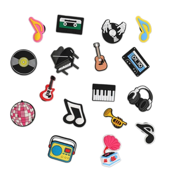 Music Shoe Charms, including guitars, pianos, vinyl records, and music notes