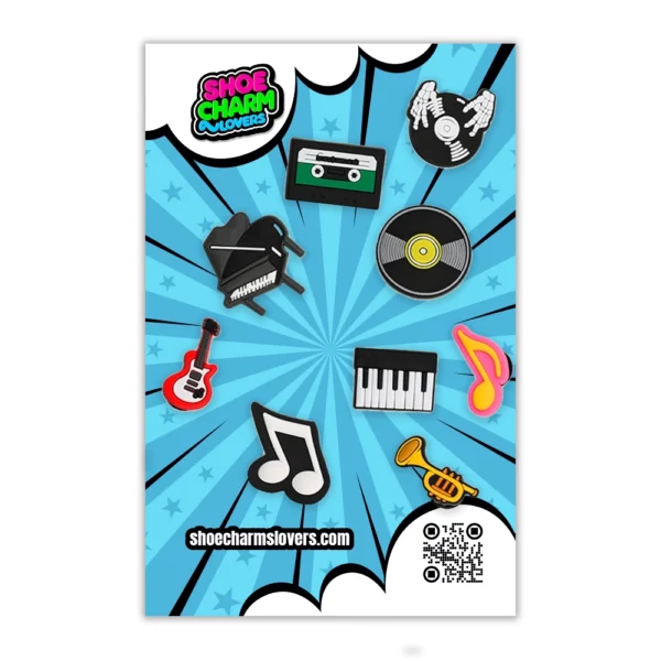 Music Shoe Charms blister, including guitars, pianos, vinyl records, and music notes