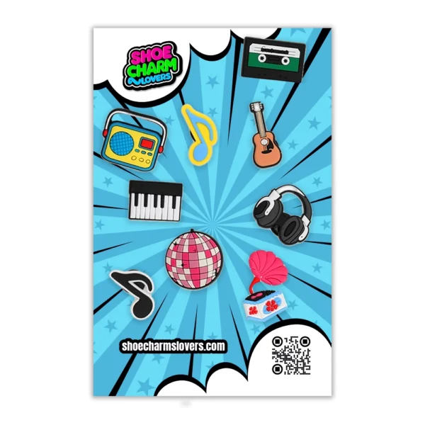 Music Shoe Charms blister, including guitars, pianos, vinyl records, and music notes
