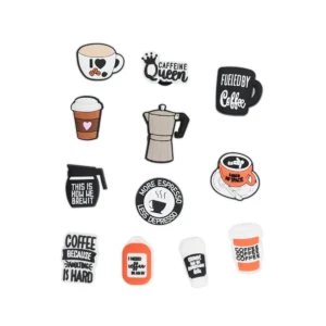 White footwear decorated with Coffee Shoe Charms, including espresso cups, caffeine-related phrases, and coffee mugs.