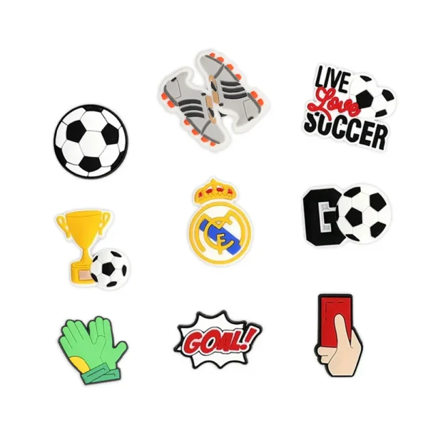 Real Madrid-themed shoe charms, including a football, goal sign, trophy, red card, and "Live Love Soccer" text
