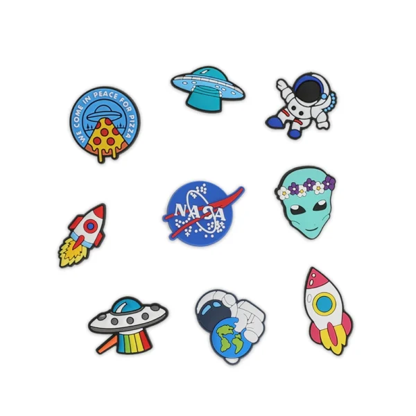 Space Shoe Charms, featuring astronauts, rockets, planets, and UFO designs.