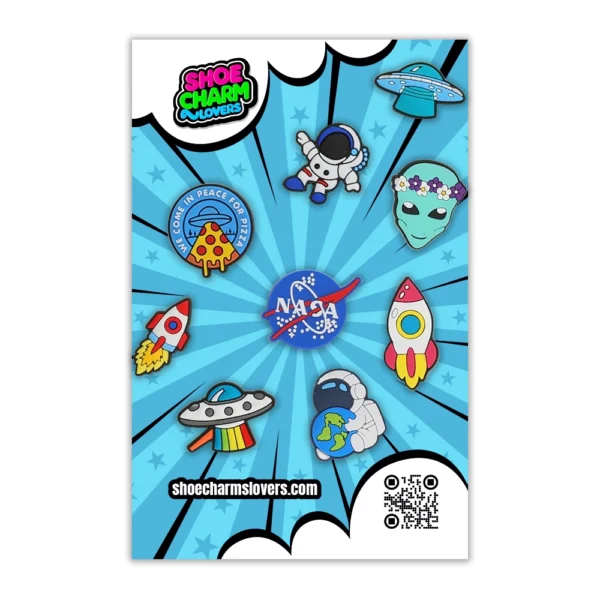 Space Shoe Charms Blister, featuring astronauts, rockets, planets, and UFO designs.