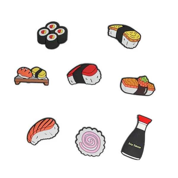 White footwear decorated with Sushi & Nigiri Shoe Charms, including nigiri, maki rolls, and ramen-inspired designs.