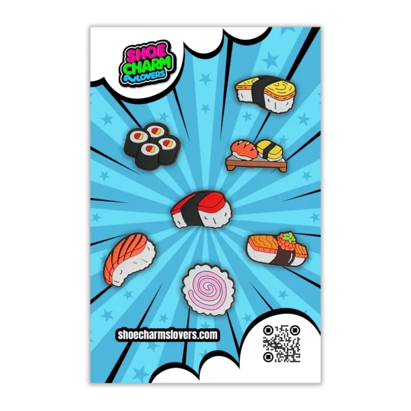 White footwear decorated with Sushi & Nigiri Shoe Charms Blister, including nigiri, maki rolls, and ramen-inspired designs.