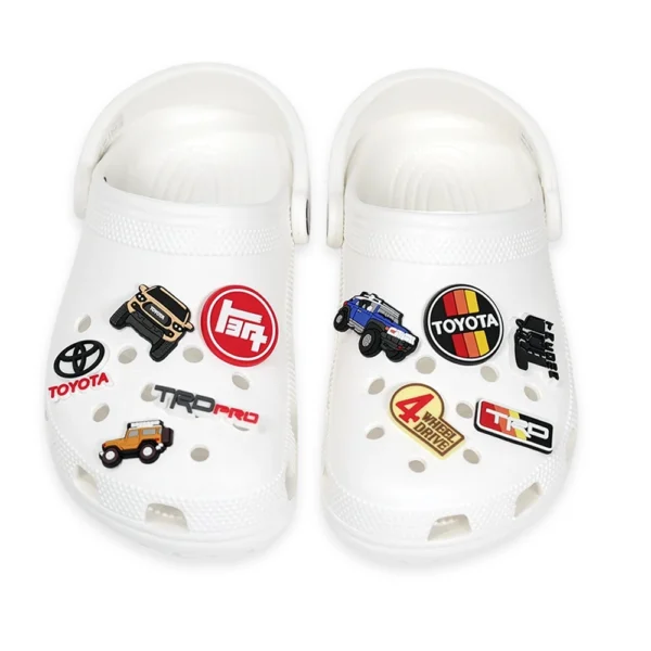 Toyota shoe charms, TRD Pro logo, 4x4 off-road badges, and Toyota truck icons.