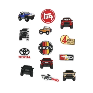 Toyota shoe charms, TRD Pro logo, 4x4 off-road badges, and Toyota truck icons.