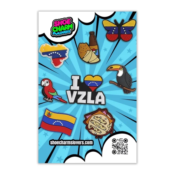 Venezuelan shoe charms blister, including a flag, arepa, toucan, butterfly, and other national symbols.