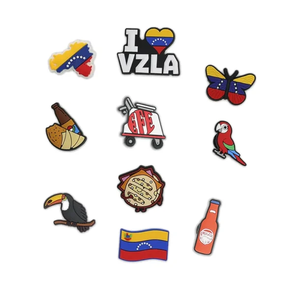 Venezuelan shoe charms, including a flag, arepa, toucan, butterfly, and other national symbols.