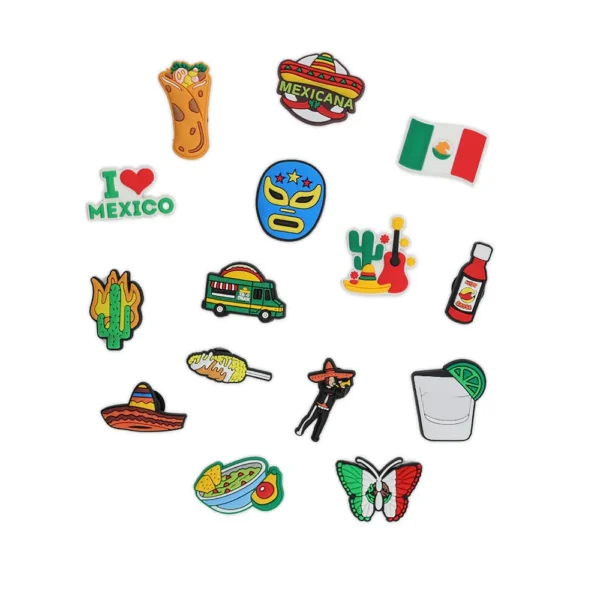 White footwear decorated with Mexican-themed charms, including a lucha libre mask, tacos, food truck, cactus, hot sauce, and mariachi elements.
