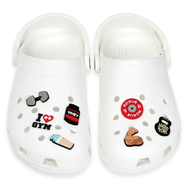 gym-themed shoe charms, including dumbbells, protein powder, weight plates, flexed biceps, and motivational fitness icons.