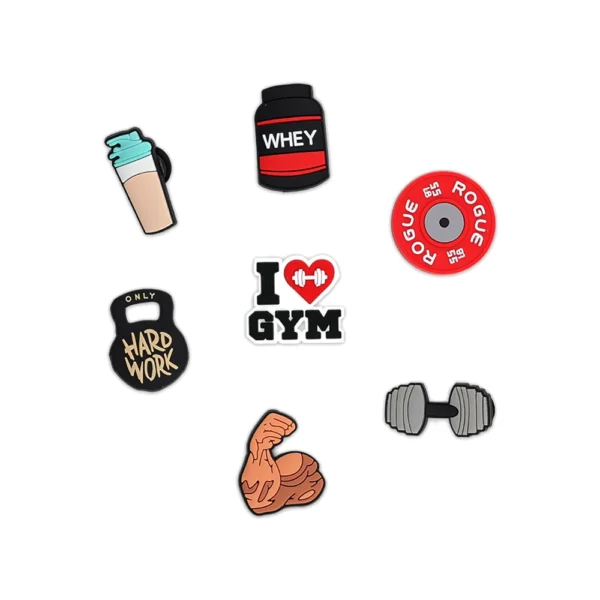 gym-themed shoe charms, including dumbbells, protein powder, weight plates, flexed biceps, and motivational fitness icons.