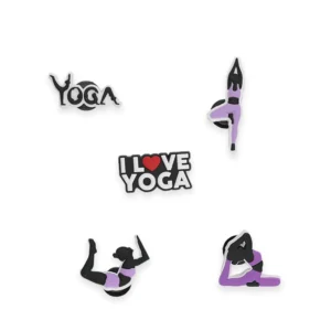 White footwear decorated with yoga-themed charms, including yoga poses, "I Love Yoga" text, and meditation symbols.