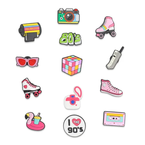 Set of 14 80s shoe charms – retro elements with nostalgic, colorful designs