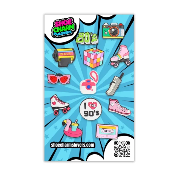 Blister with 14 nostalgic charms – Rubik’s cube, roller skate, music notes