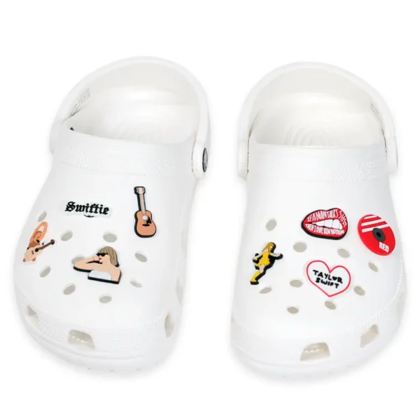 Aesthetic Taylor Swift Shoe Charms styled on white Crocs – a love story with every step