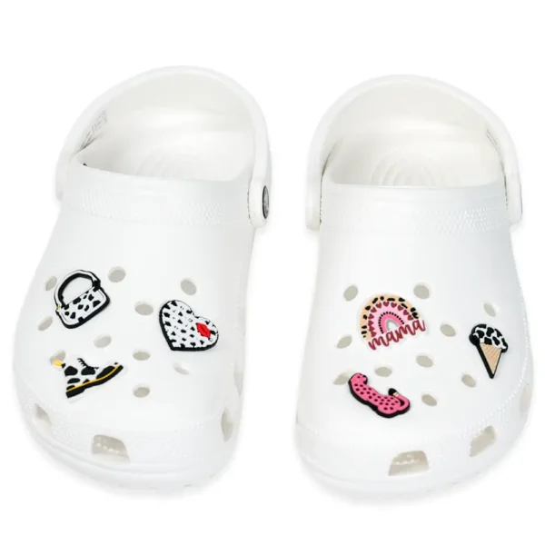 Animal print charms styled on white Crocs – chic, fun, and bold