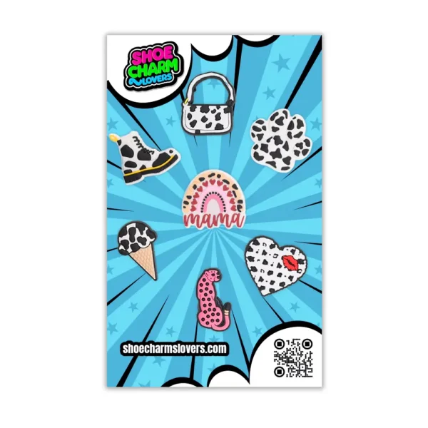 Blister with 7 wild-style shoe charms for Crocs – fashion and animal print mix