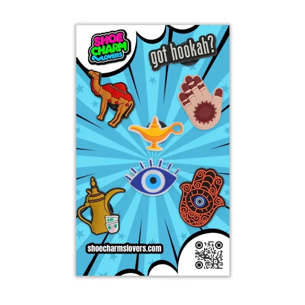 Blister pack of 7 spiritual Crocs charms – includes evil eye, hamsa, and hookah