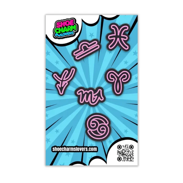 Blister pack with astrology shoe charms – 12 pink and black zodiac signs for Crocs