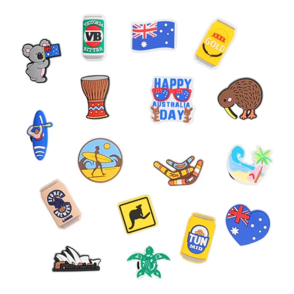 Australia shoe charms, koala, kangaroo, flag, beach, and Aussie beer set – Crocs-compatible design